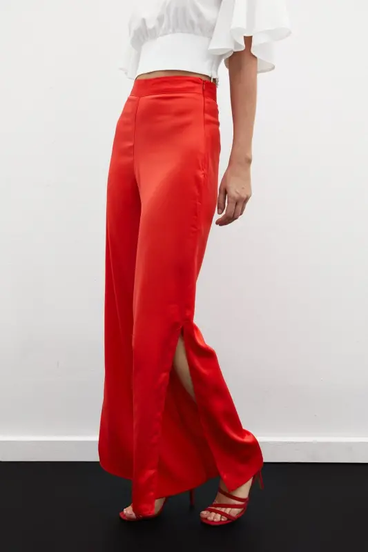 Yırtmaç Detaylı Saten Pantolon - Mercan - MERCAN - 7