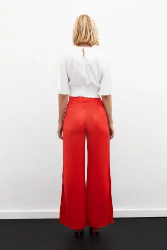 Yırtmaç Detaylı Saten Pantolon - Mercan - MERCAN - 8