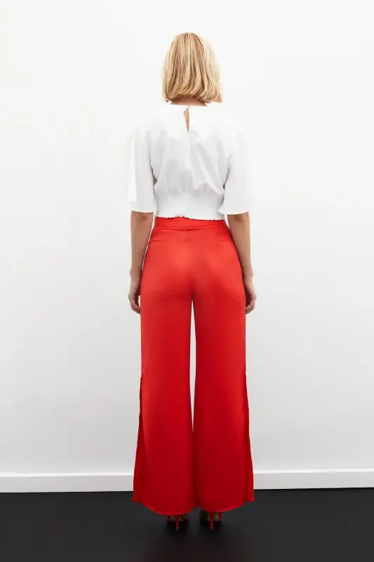 Yırtmaç Detaylı Saten Pantolon - Mercan - MERCAN - 8