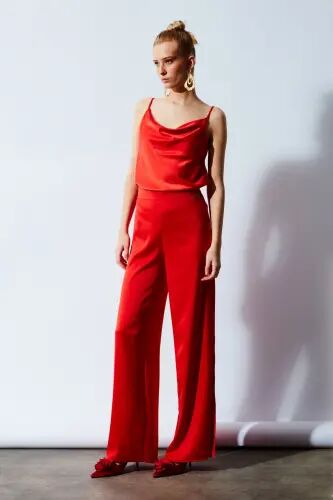 Yırtmaç Detaylı Saten Pantolon - Oranj - ORANJ - Sateen (1)