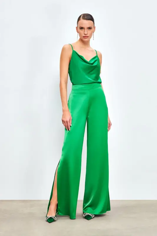 Yırtmaç Detaylı Saten Pantolon - Yeşil - YEŞİL - 1
