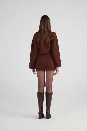 Yırtmaçlı Dokuma Kumaş Mini Claire Elbise Kahve - Kahve - 3