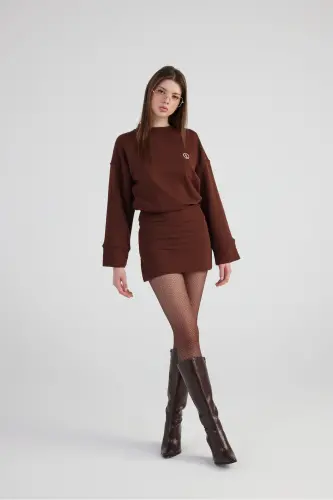 Yırtmaçlı Dokuma Kumaş Mini Claire Elbise Kahve - Kahve - 6