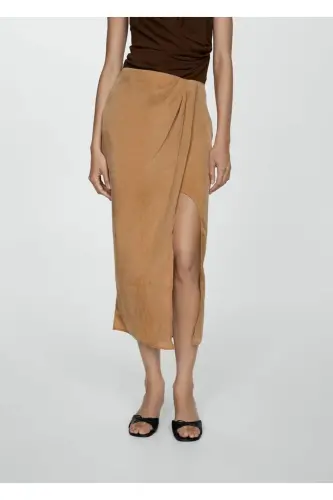 Yırtmaçlı Lyocell etek - Tütün Kahvesi - MANGO WOMAN (1)