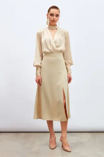 Yırtmaçlı Saten Etek Bej-BEJ 
