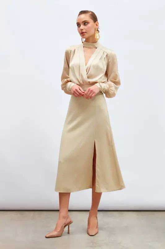 Yırtmaçlı Saten Etek Bej-BEJ - 2