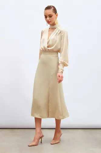 Yırtmaçlı Saten Etek Bej-BEJ - 3