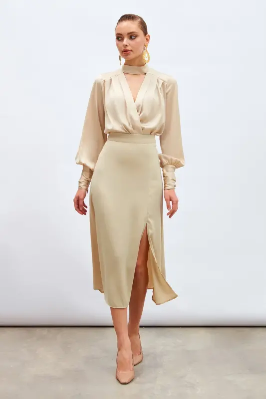 Yırtmaçlı Saten Etek Bej-BEJ - 4