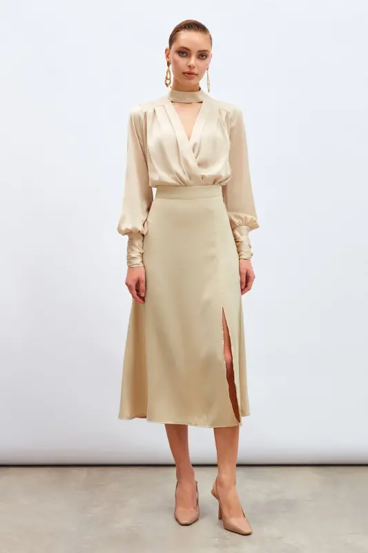 Yırtmaçlı Saten Etek Bej-BEJ - SATEEN