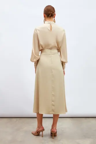 Yırtmaçlı Saten Etek Bej-BEJ - 5