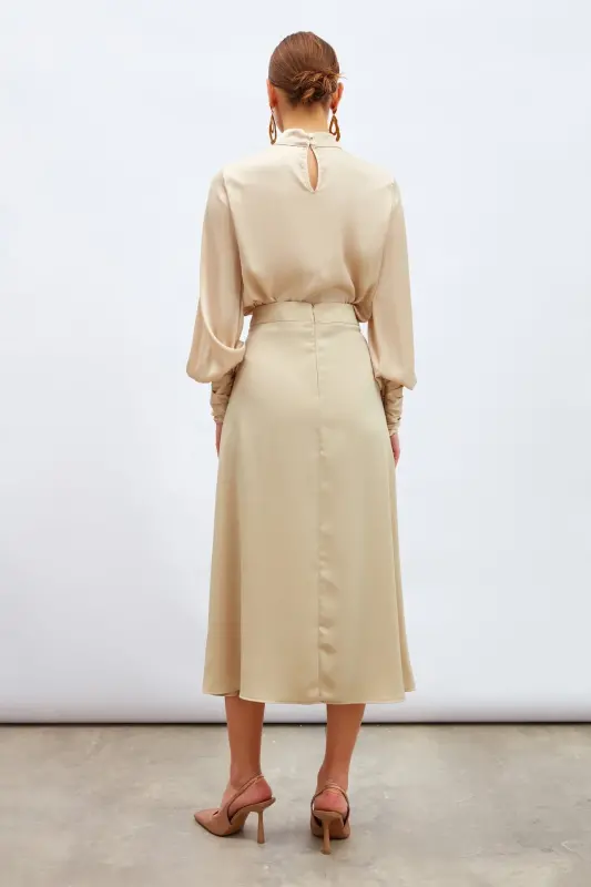 Yırtmaçlı Saten Etek Bej-BEJ - 5