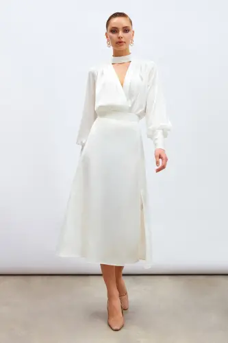 Yırtmaçlı Saten Etek - Ekru-EKRU 