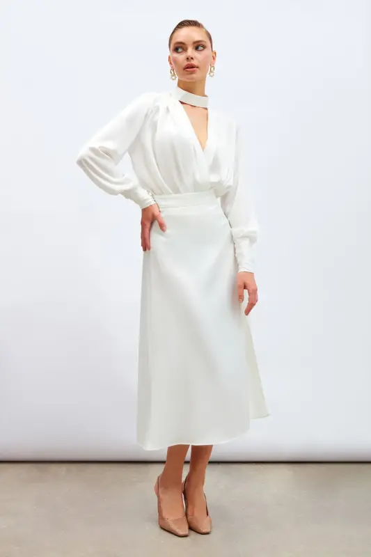 Yırtmaçlı Saten Etek - Ekru-EKRU - 4