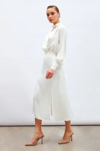 Yırtmaçlı Saten Etek - Ekru-EKRU - 5