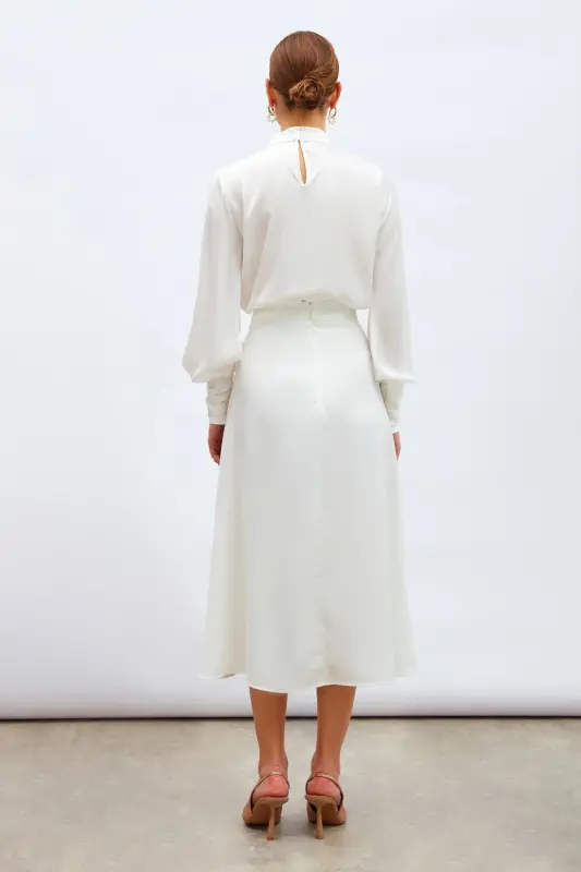 Yırtmaçlı Saten Etek - Ekru-EKRU - 8