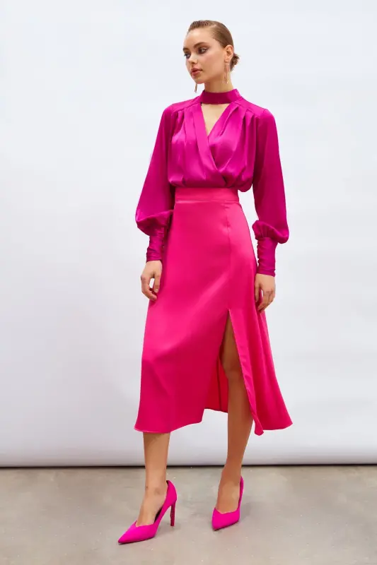 Yırtmaçlı Saten Etek - Fuşya - FUŞYA - SATEEN