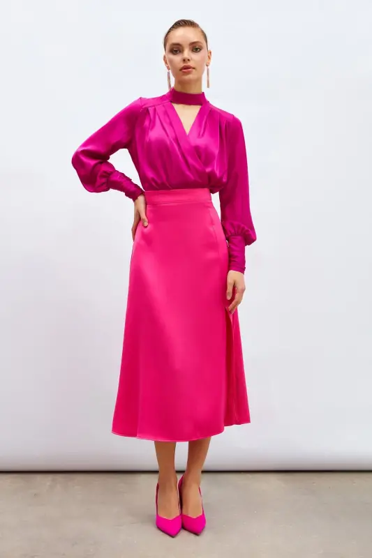 Yırtmaçlı Saten Etek - Fuşya-FUŞYA - 3