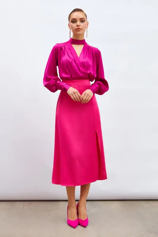 Yırtmaçlı Saten Etek - Fuşya-FUŞYA - 4