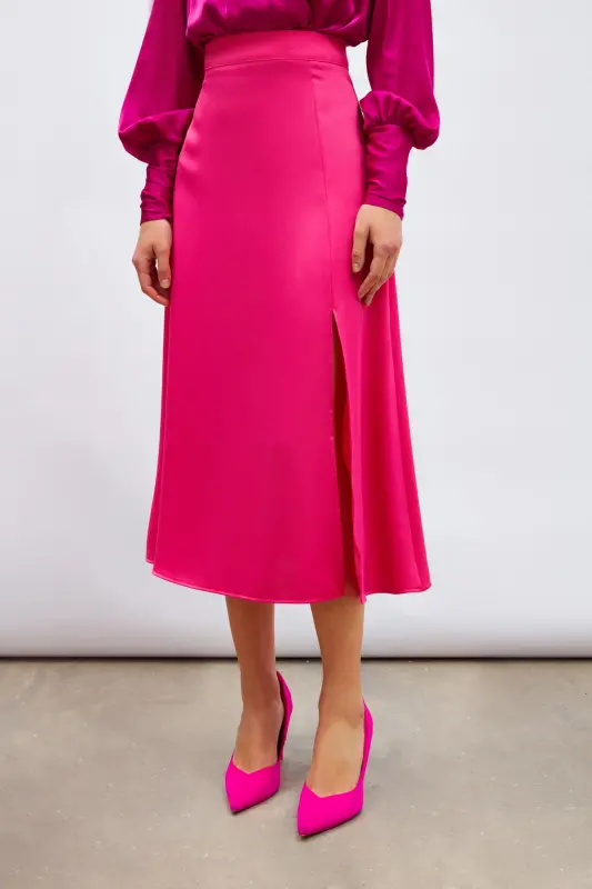 Yırtmaçlı Saten Etek - Fuşya-FUŞYA - 5