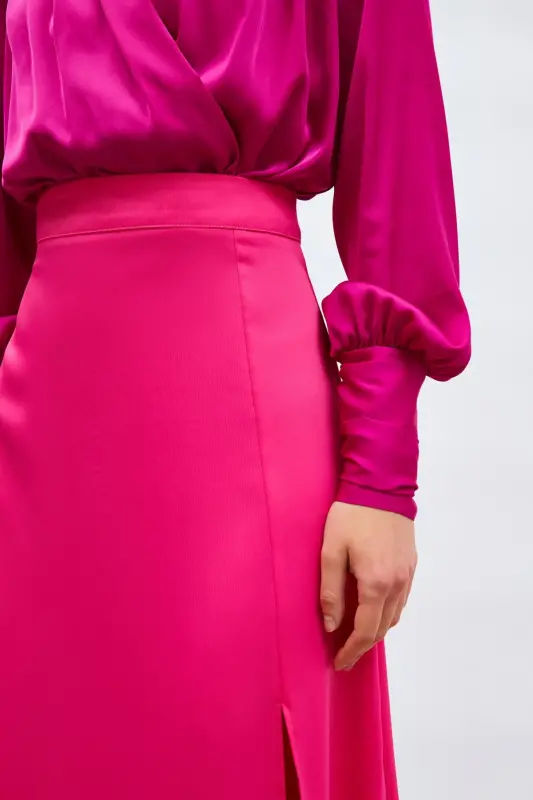 Yırtmaçlı Saten Etek - Fuşya-FUŞYA - 6