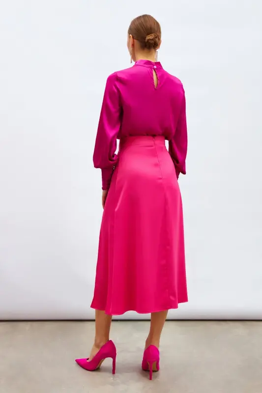 Yırtmaçlı Saten Etek - Fuşya-FUŞYA - 7