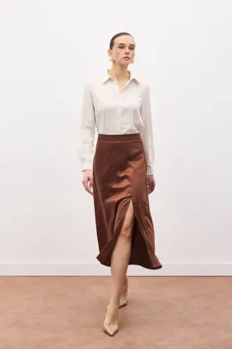 Yırtmaçlı Saten Etek - Kahve-Kahve - 1