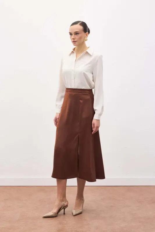 Yırtmaçlı Saten Etek - Kahve-Kahve - 2