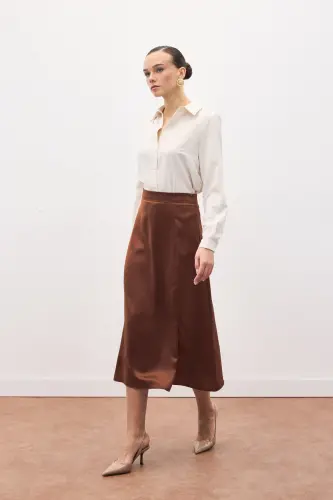 Yırtmaçlı Saten Etek - Kahve-Kahve - 3