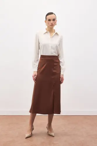 Yırtmaçlı Saten Etek - Kahve-Kahve - 5
