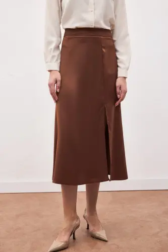 Yırtmaçlı Saten Etek - Kahve-Kahve - 6