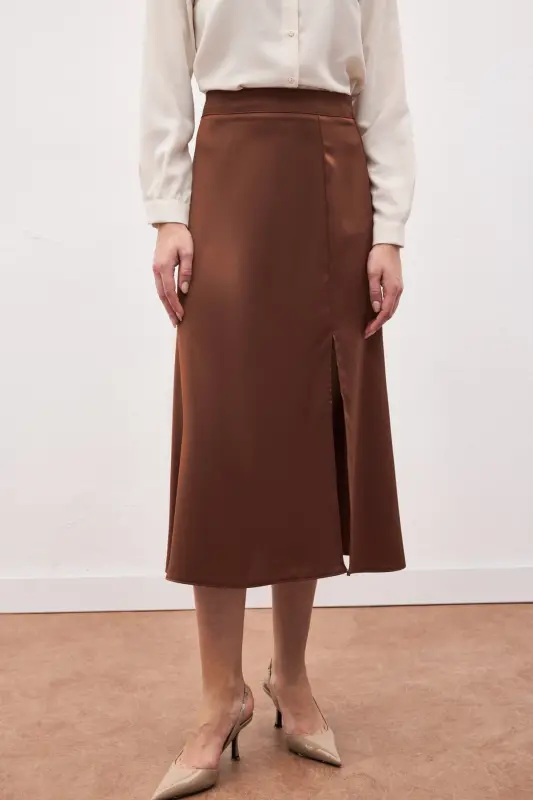 Yırtmaçlı Saten Etek - Kahve-Kahve - 6
