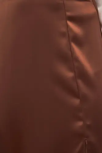 Yırtmaçlı Saten Etek - Kahve-Kahve - 7