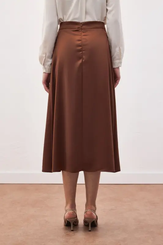 Yırtmaçlı Saten Etek - Kahve-Kahve - 8