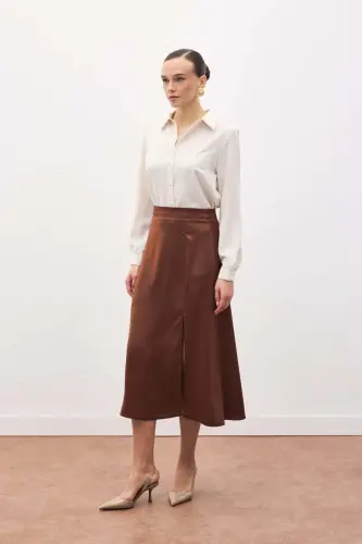 Yırtmaçlı Saten Etek - Kahve-Kahve - SATEEN (1)