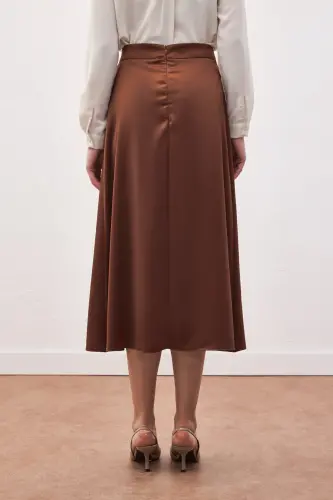 Yırtmaçlı Saten Etek - Kahve - Kahve - 8