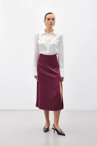 Yırtmaçlı Saten Etek - Mürdüm-Mürdüm - 3