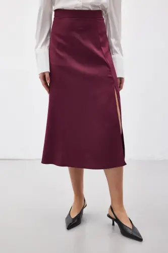 Yırtmaçlı Saten Etek - Mürdüm-Mürdüm - 6