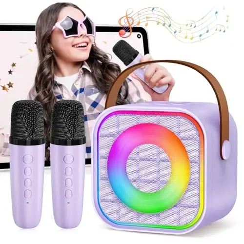YLYYCC Mini Karaoke Machine with 2 Wireless Microphone, Portable Purple Bluetooth Speaker for Kids, Birthday Teen Toys Gifts Ideas for Girls Ages 4, 5, 6, 7, 8, 9, 10, 12+ Year Old, Family Home Party 