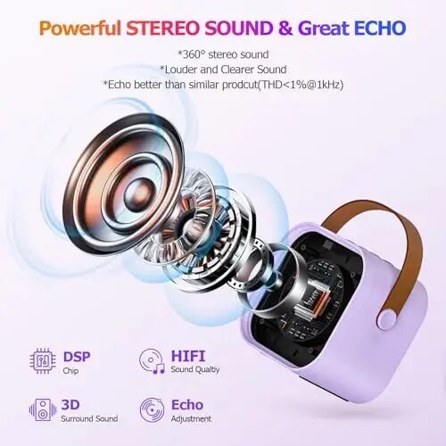 YLYYCC Mini Karaoke Machine with 2 Wireless Microphone, Portable Purple Bluetooth Speaker for Kids, Birthday Teen Toys Gifts Ideas for Girls Ages 4, 5, 6, 7, 8, 9, 10, 12+ Year Old, Family Home Party - 5