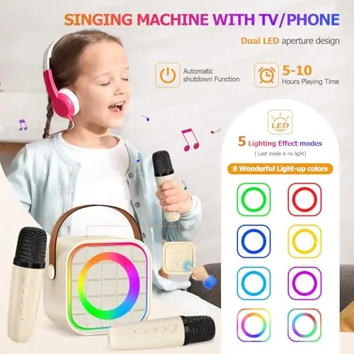 YLYYCC Kids Mini Karaoke Machine with Lights, Portable Bluetooth Speaker with 2 Wireless Microphones, Birthday Toys Gift for Girls Boys Ages 4,5,6,7,8,9,10+ Year Old, Party, Home KTV, Outdoor (Beige) - 2