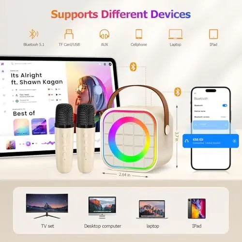 YLYYCC Kids Mini Karaoke Machine with Lights, Portable Bluetooth Speaker with 2 Wireless Microphones, Birthday Toys Gift for Girls Boys Ages 4,5,6,7,8,9,10+ Year Old, Party, Home KTV, Outdoor (Beige) - 3