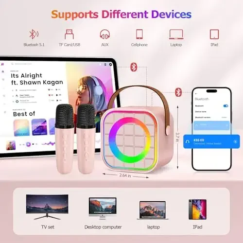 YLYYCC Mini Karaoke Machine with 2 Wireless Microphone, Portable Pink Bluetooth Speaker for Kids Adult, Birthday Teen Toys Gifts Ideas for Girls Ages 4 5 6 7 8 9 10 11 12+ Year Old, Family Home Party - YLYYCC (1)