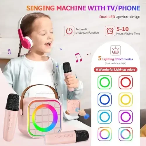 YLYYCC Mini Karaoke Machine with 2 Wireless Microphone, Portable Pink Bluetooth Speaker for Kids Adult, Birthday Teen Toys Gifts Ideas for Girls Ages 4 5 6 7 8 9 10 11 12+ Year Old, Family Home Party - 3