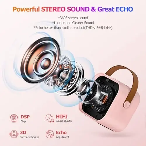 YLYYCC Mini Karaoke Machine with 2 Wireless Microphone, Portable Pink Bluetooth Speaker for Kids Adult, Birthday Teen Toys Gifts Ideas for Girls Ages 4 5 6 7 8 9 10 11 12+ Year Old, Family Home Party - 4