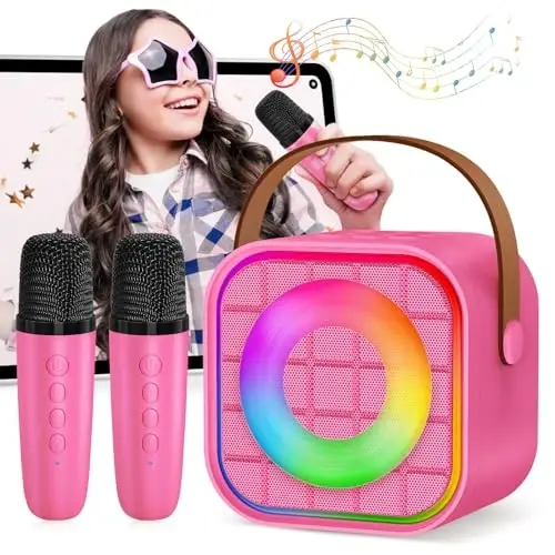 YLYYCC Mini Karaoke Machine with 2 Wireless Microphones for Kids Adults, Portable Bluetooth Singing Speaker Birthday Fun Gift for Girls Boys Ages 4,5,6,7,8,9,10+ Year Old, Toys for Party (Hotpink) - 1