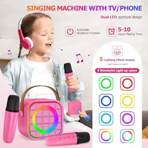 YLYYCC Mini Karaoke Machine with 2 Wireless Microphones for Kids Adults, Portable Bluetooth Singing Speaker Birthday Fun Gift for Girls Boys Ages 4,5,6,7,8,9,10+ Year Old, Toys for Party (Hotpink) - 2