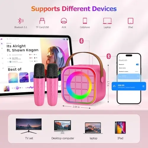 YLYYCC Mini Karaoke Machine with 2 Wireless Microphones for Kids Adults, Portable Bluetooth Singing Speaker Birthday Fun Gift for Girls Boys Ages 4,5,6,7,8,9,10+ Year Old, Toys for Party (Hotpink) - 3