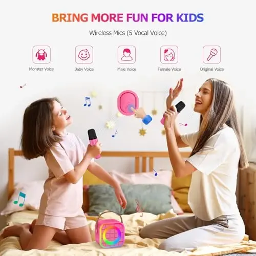 YLYYCC Mini Karaoke Machine with 2 Wireless Microphones for Kids Adults, Portable Bluetooth Singing Speaker Birthday Fun Gift for Girls Boys Ages 4,5,6,7,8,9,10+ Year Old, Toys for Party (Hotpink) - 4
