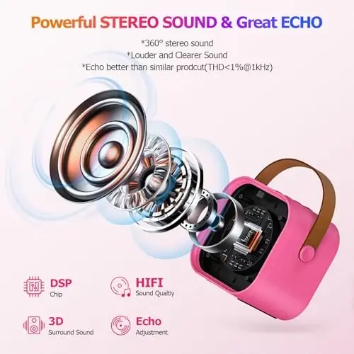 YLYYCC Mini Karaoke Machine with 2 Wireless Microphones for Kids Adults, Portable Bluetooth Singing Speaker Birthday Fun Gift for Girls Boys Ages 4,5,6,7,8,9,10+ Year Old, Toys for Party (Hotpink) - 5