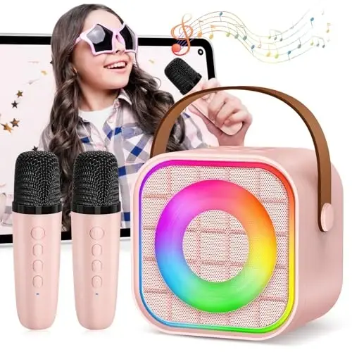 YLYYCC Mini Karaoke Machine with 2 Wireless Microphone, Portable Pink Bluetooth Speaker for Kids Adult, Birthday Teen Toys Gifts Ideas for Girls Ages 4 5 6 7 8 9 10 11 12+ Year Old, Family Home Party - YLYYCC